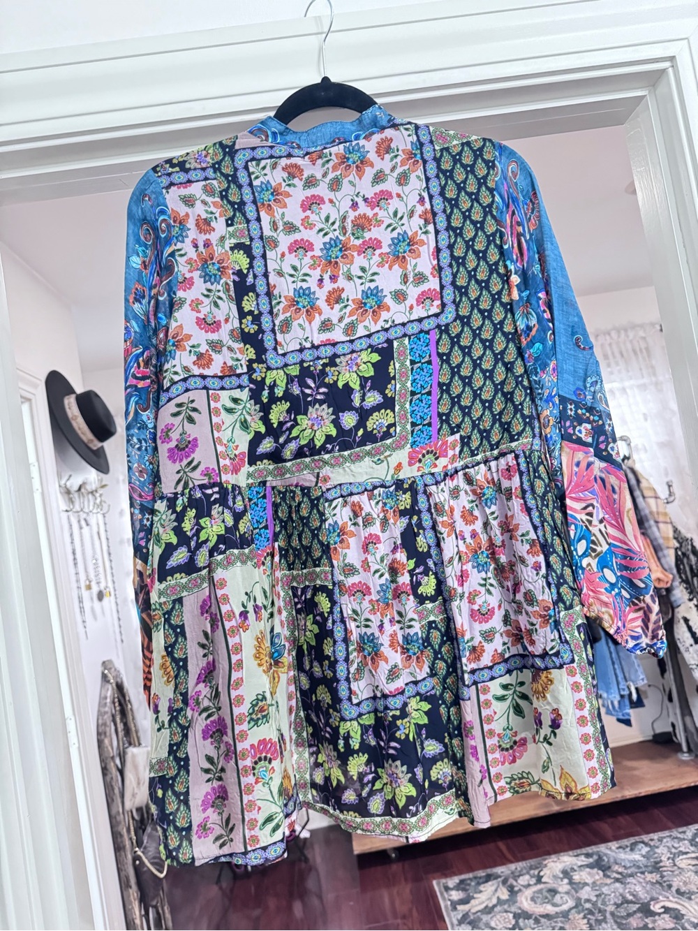All About Her Blue Multicolor Patchwork Floral Button-Front Blouse - Picture 3 of 8